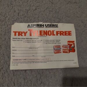 1980 TYLENOL Ad Promotional Business Reply Card Asprin Users Try Tylenol Sample